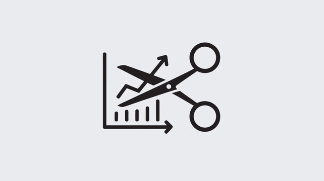 A graphic illustration of scissors cutting through a line graph with an upward trend, symbolizing budget cuts or financial reduction.