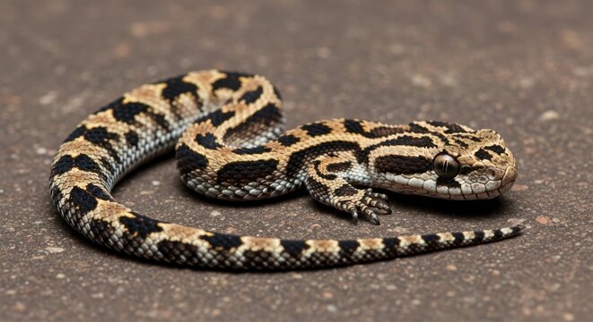A venomous Russells viper snake with intricate patterns coiled on the ground.