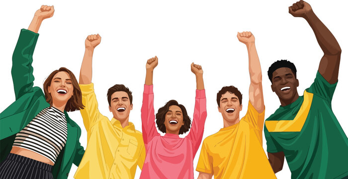 Diverse group of friends celebrating with raised fists together