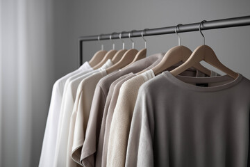 Obraz premium Collection of neutral-toned clothing displayed on wooden hangers against a gray wall, showcasing various textures and styles in a minimalist fashion setting