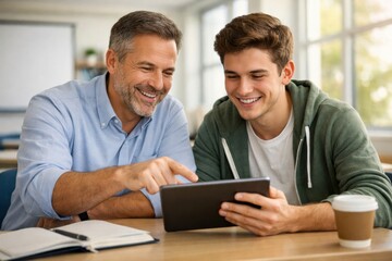 Fototapeta premium Positive private teacher explaining lesson digital tablet university student desk teamwork cooperation academic assistance coaching advice scholarship preparation, modern classroom collaboration