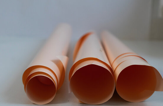 Minimal still life with rolled pastel paper sheets arranged on a clean white background. Abstract composition, design materials and creative workspace concept