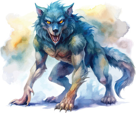 Watercolor Werewolf Clipart, Dark Fantasy Creature Illustration, Isolated on White