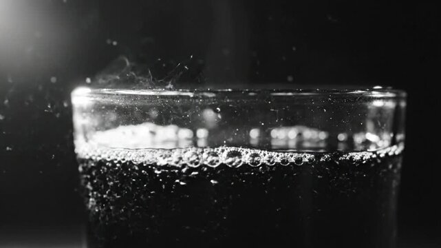 Black and white close up of a fizzy soda beverage in a clear glass with condensation and bubbles