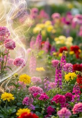 Obraz premium Enchanting floral meadow, illuminated by ethereal smoke, a vibrant display
