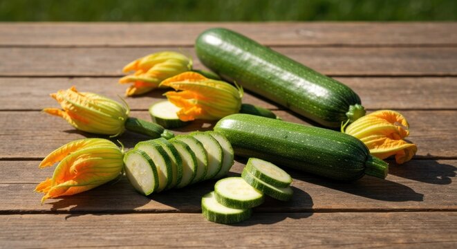 Two whole zucchini and slices, with blossoms, on a wooden table