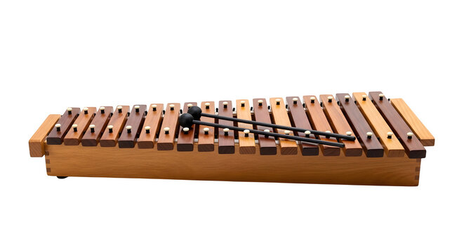 A wooden xylophone with brown and tan keys isolated on transparent background