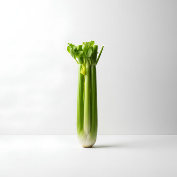 Fresh green celery stalks standing upright on a white surface.