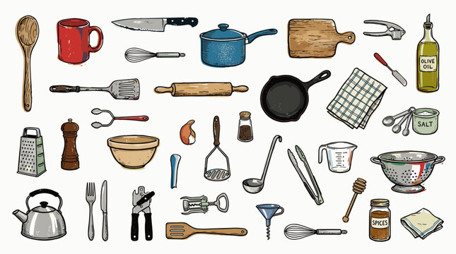 Collection of kitchen utensils and cooking equipment arranged on a white background, illustrating culinary tools and kitchenware essentials