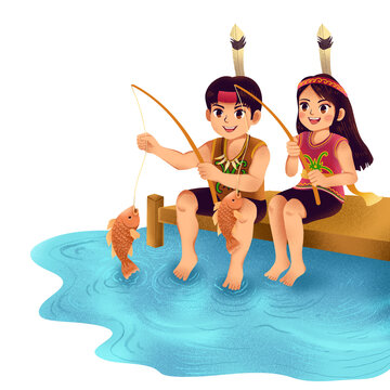 illustration of Dayak children fishing