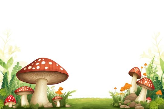 Muchroom line horizontal border mushroom fungus plant.