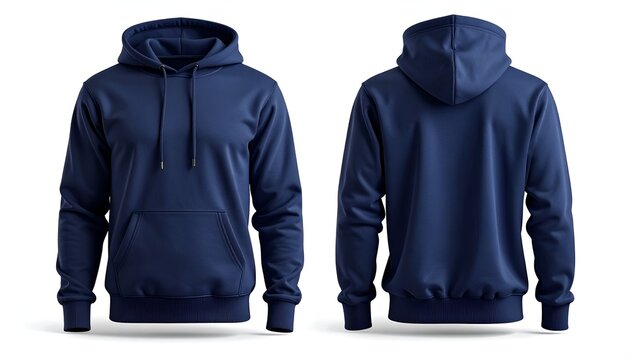 Front and Back View of a Navy Blue Hoodie with Kangaroo Pocket, Isolated on White Background