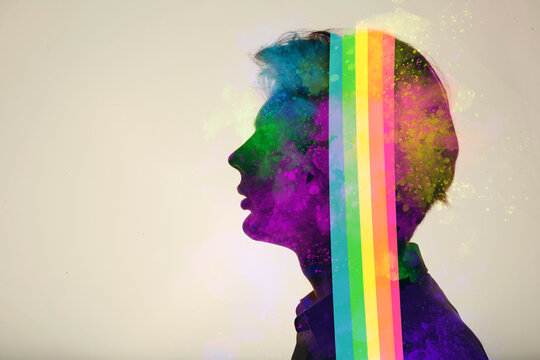 Transgender man queer with rainbow inside. Pride and transsexual bisexual freedom love concept