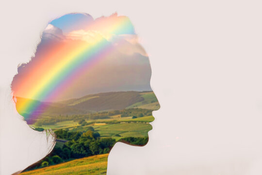 Transgender woman queer with rainbow inside her head. Pride conceptual.