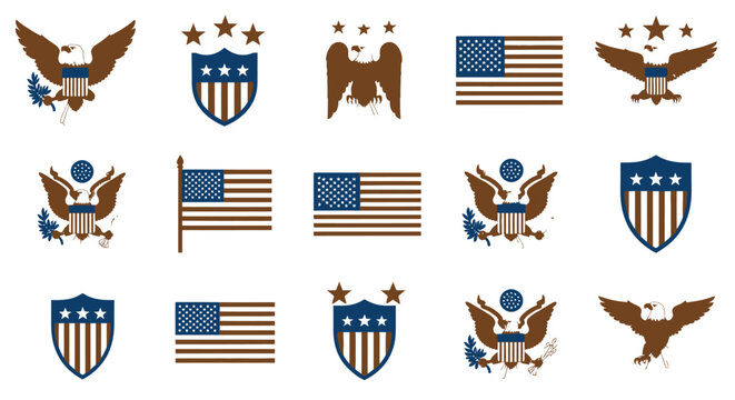 American patriotic symbols and flags icons.