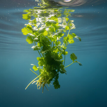 Fresh green cilantro bunch submerged in clear blue water.