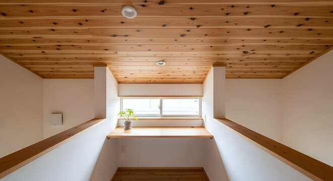 Modern wooden ceiling interior design.