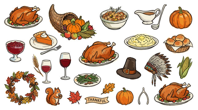 Thanksgiving Holiday Feast Food Collection Assortment of Traditional Autumn Harvest Dinner Elements and Decorations
