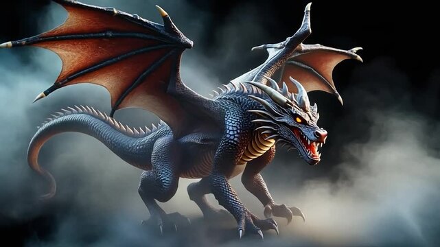 Mythical winged reptile with blue scales and glowing eyes against dark background