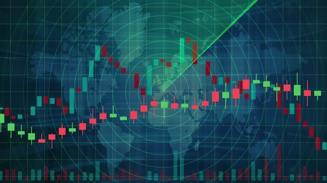 Scrolling financial candlestick charts over scanning radar beam, global economy trading data surveillance, real-time market analytics interface, stock exchange volatility monitoring