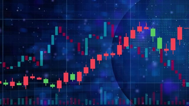Loopable scrolling financial candlestick charts, digital globe with global economy trading data, professional blue corporate background