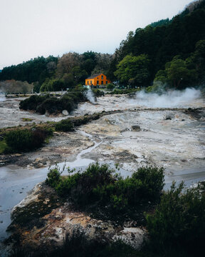 View of steaming vents and volcanic landscape contrasting with the lush green forest and a vibrant yellow house, Furnas, Azores, Portugal.