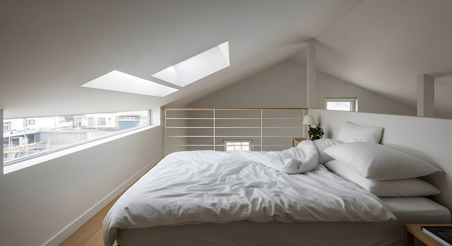 Cozy attic bedroom with skylights and pillows.