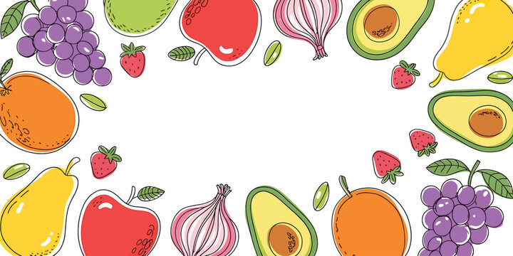 Colorful fruit and vegetable border on white background for healthy eating concepts