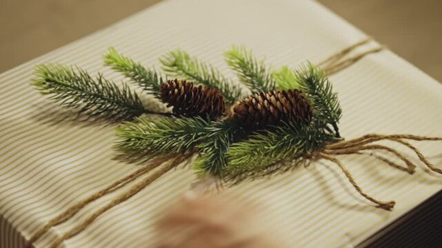 A Woman Wrapping A Christmas Gift Adorned With Evergreen Foliage And A Pine Cone. High Angle Shot