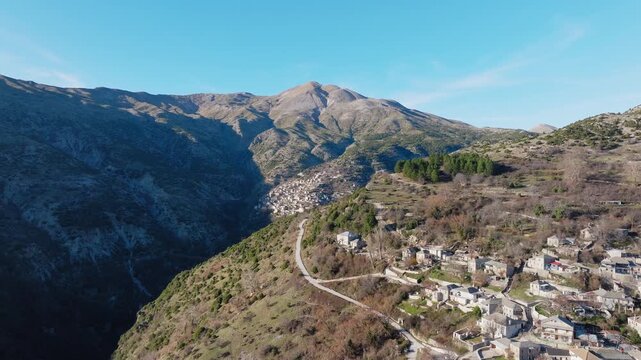 Aerial view of Kalarites and Syrrako Traditional Stone villages, Tzoumerka mountains, Epirus, Greece