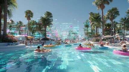 Fototapeta premium Tropical resort scene with many people in colorful floaties in a turquoise pool with palm trees, buildings, and clear skies