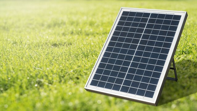 A solar panel stands on green grass under sunlight. The panel is rectangular with a grid of solar cells, representing renewable energy and sustainability.