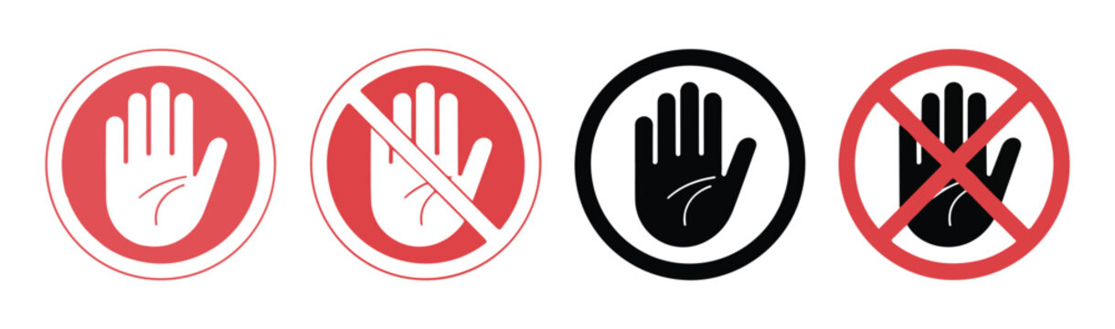 Set of warning and prohibition signs, stop hand symbols, no entry and restricted access icons.