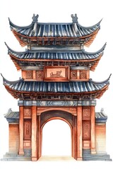 Fototapeta premium Chinese castle gate architecture illustration watercolor.