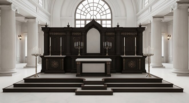 Elegant dark wood altar with ornate carvings and candelabras in a grand white hall with columns and arched window