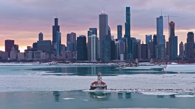 Cinematic Winter Morning in Chicago: Icy Lakefront and Harbor Lighthouse