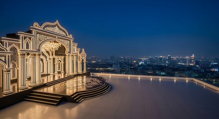 Fototapeta premium Ornate illuminated stage structure with city skyline at dusk