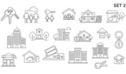 Fototapeta premium A set of black and white line art illustrations depicting various real estate and property icons