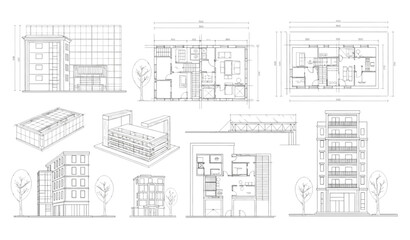 A set of architectural drawings for a modern multi-story building complex © MdAtaur