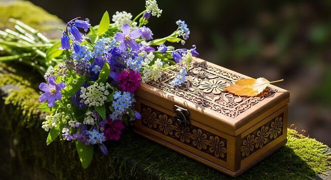 Spring's blossom meets wooden keepsake box in serene outdoor setting