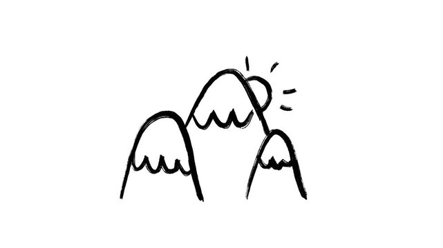 Animated Mountain Scribble, Sun, Nature, Adventure, Peak, Travel, Outdoor, Hand Drawn Looping Animation on White Background