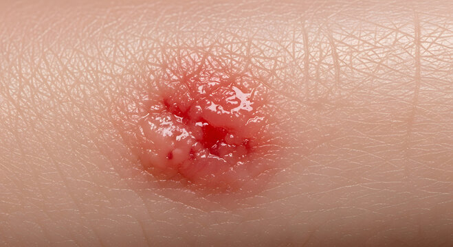 Close-up view of a skin boil with a red and inflamed center