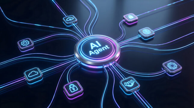 AI agent concept illustration with central interconnected hub connected to various digital technology and service icons in blue and purple neon lighting
