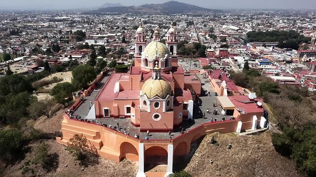 Aerial view of Cholula Puebla church, vibrant, sunny, historical scene