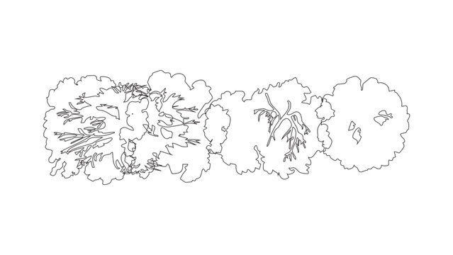 Horizontal row of architectural tree symbols for landscape border design and site plan views.