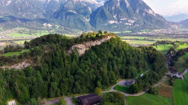 Cinematic drone flight over the Magletsch artillery fort and approach to the castle ruins near Sargans, showcasing Swiss Reduit WWII defenses and medieval heritage.