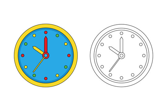 Clock Vector Illustration Set &ndash; Colorful Time Clock Icon and Black White Coloring Page for Kids, Simple Flat Design Learning Time Concept
