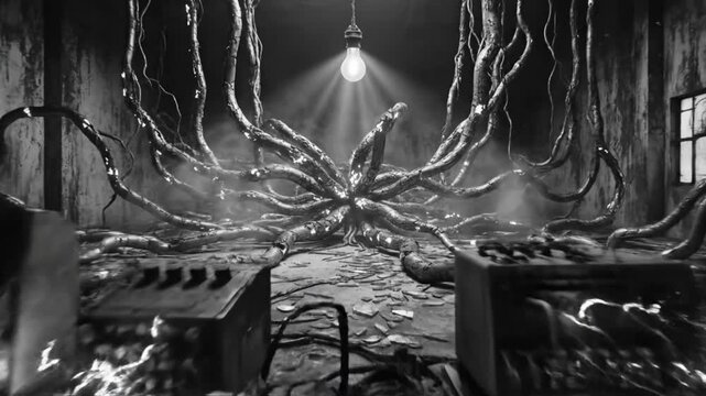 Surreal black and white horror scene with a central mass of organic tendrils, electronics and a dim lightbulb