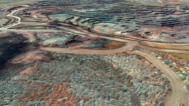 Aerial. Open-cast iron ore mining operation with irreparable land degradation