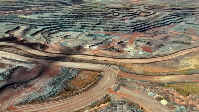 Aerial view of open pit surface mine in South Africa for iron ore extraction